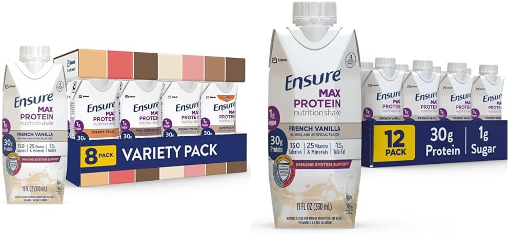 Ensure Max Protein Nutrition Shakes, Variety Pack, With 30g of Protein & Max Protein Nutrition Shake with 30g of Protein, 1g of Sugar, High Protein Shake, French Vanilla, Liquid, 11 fl oz (Pack of 12)