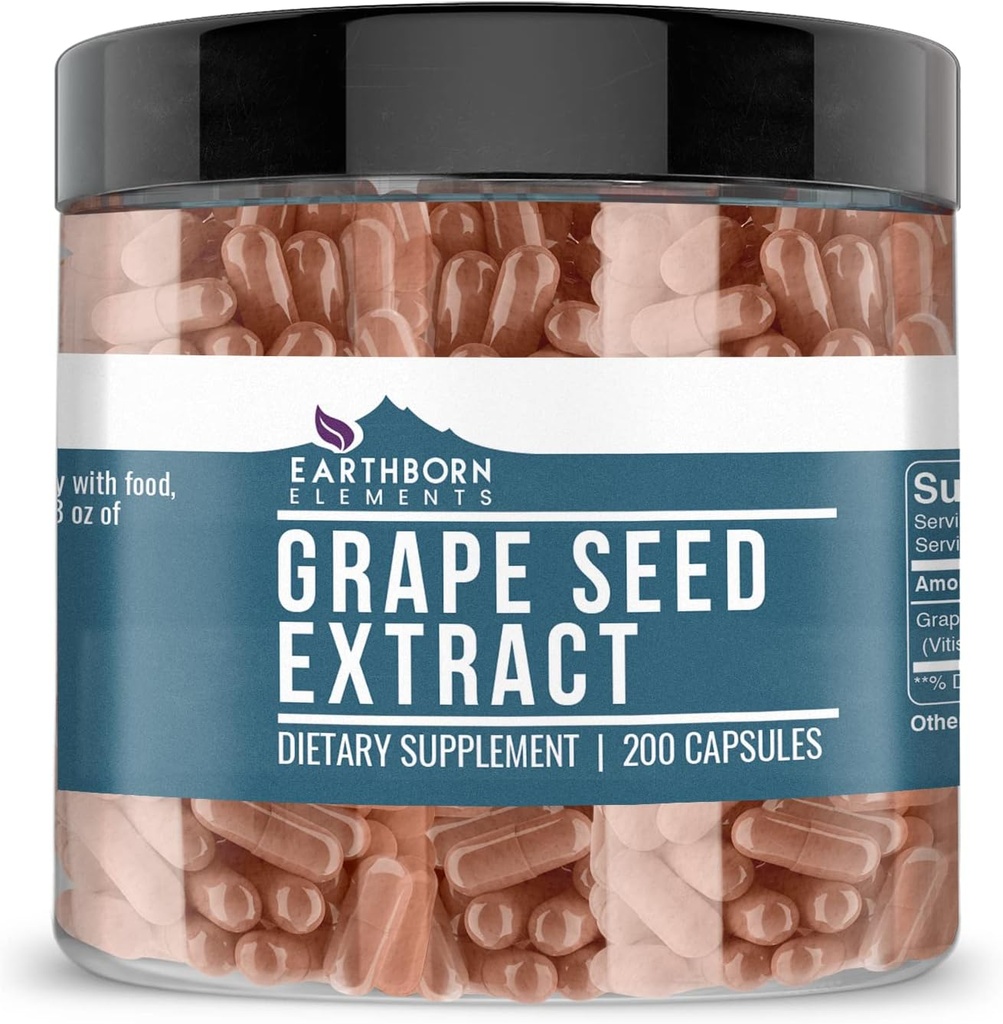 Earthborn Elements Pure Grape Tohumu 200 Capsules, Pure & Undiled, No Wordss