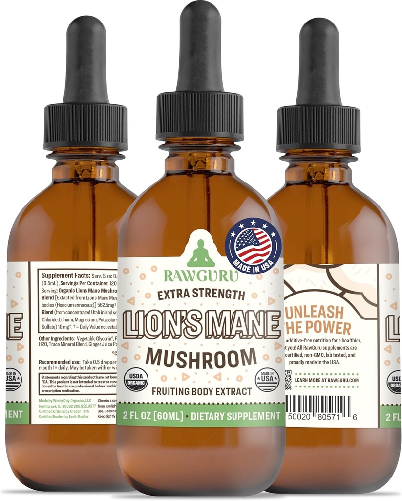 RawGuru Lion's Mane Mushroom Tincture – Vegan Lion Lion's Mane Extract with Trace Minerals - Nano-Processed Immunity Boost & Cognitive Supplement - 120 Akustik Drops per 60 ml, Pack of 1