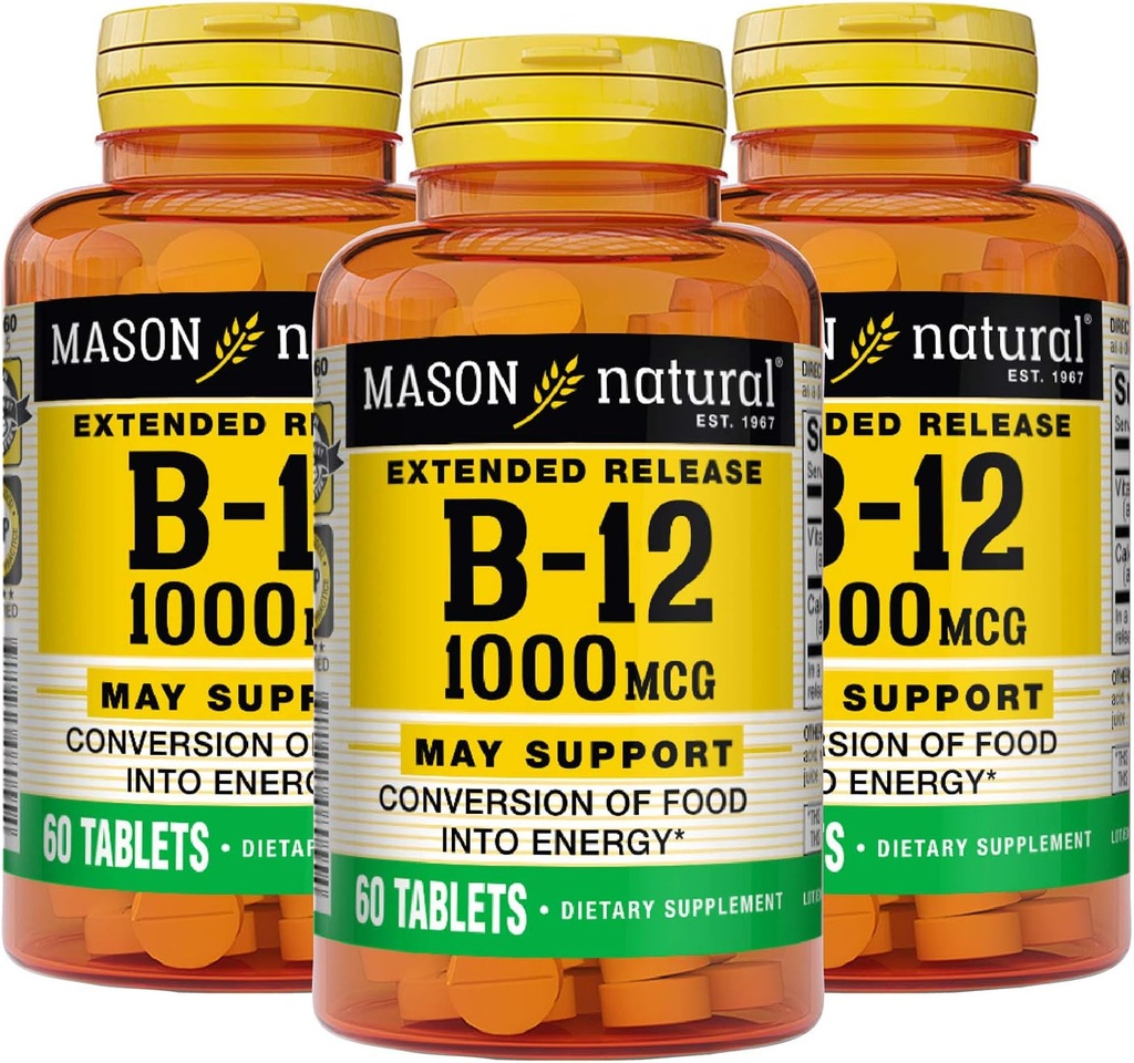 MASON NATURAL B-12 1000Mcg Cyanocobalamin Genişletilmiş Yayın Tabletleri, 60-Kır Şişeler (Pazar 3)