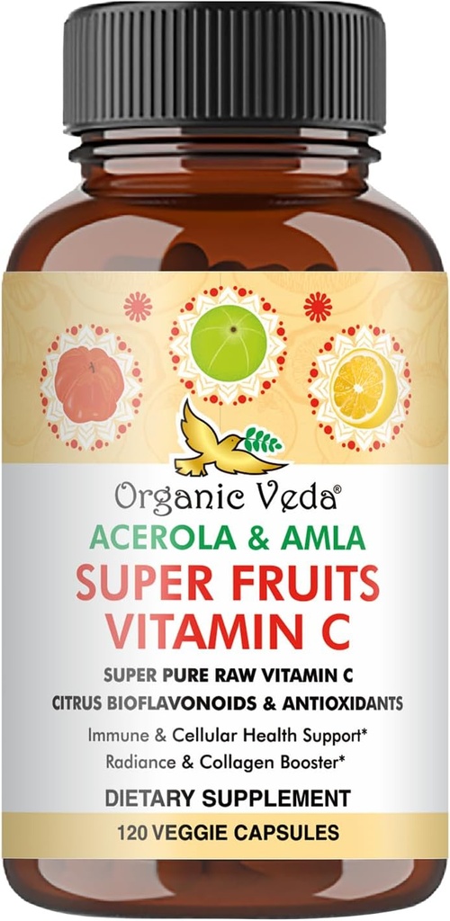 Organik Veda Supertres Vitamin C Capsule with Acerola Cherry & Amla Berry - Tüm Gıda Doğal Vitamin C Supplement with Citrus Bioflavonoids for Immunity, Cellular & Skin Health - 120 Vegan Pills