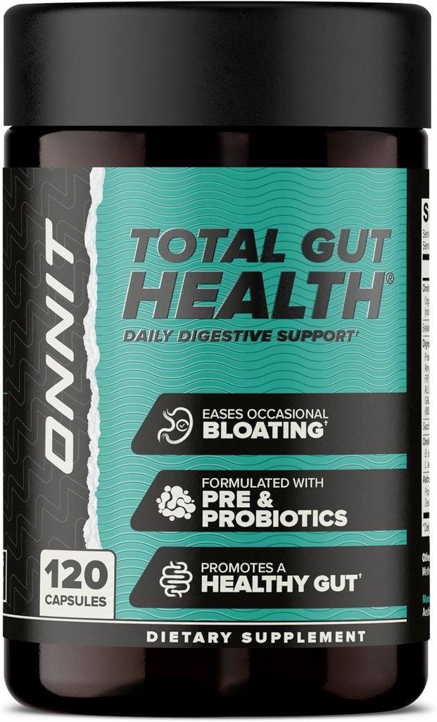 ONNIT Total Gut Health Daily Digestive Support, IGENTM Non-GMO Tested Digestion Supplement for Women and Men with 7 Strains of Probiotics, Prebiotics, Enzymes, and Betaine HCL, 120 Count