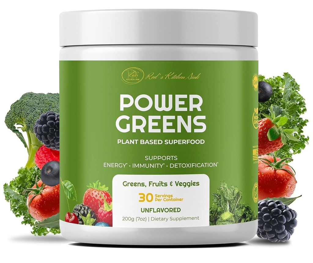 Red's Kitchen Lavabo Power Greens Toz - Daily Greens Superfood Toz - Meyveli, Veggie, & Green Leafy Smoothie Drink Mix - Superfoods Maca Root, Spirulina, Chlorella, & More (200 Grams)