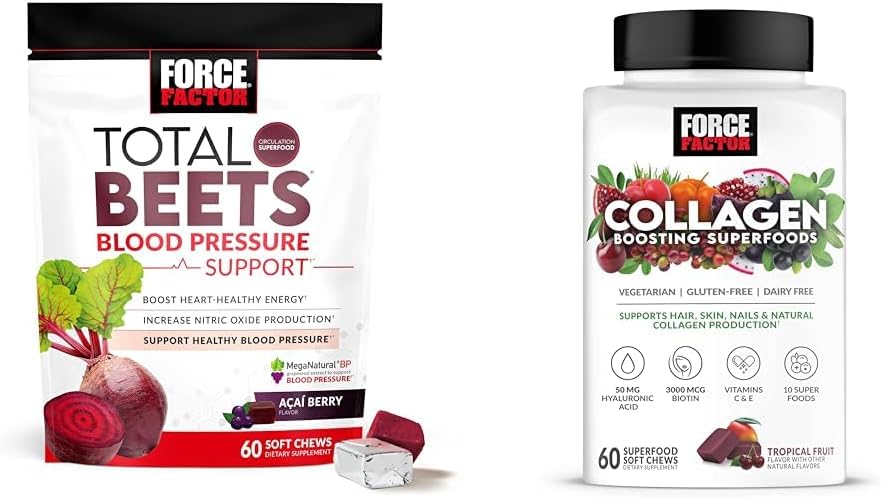 Force Factor Total Beets Blood Pressure Support 60 Chews and Collagen Booting Superfoods 60 Μαλακά μάσημα για την υγεία της καρδιάς, το δέρμα, τα μαλλιά και τα νύχια