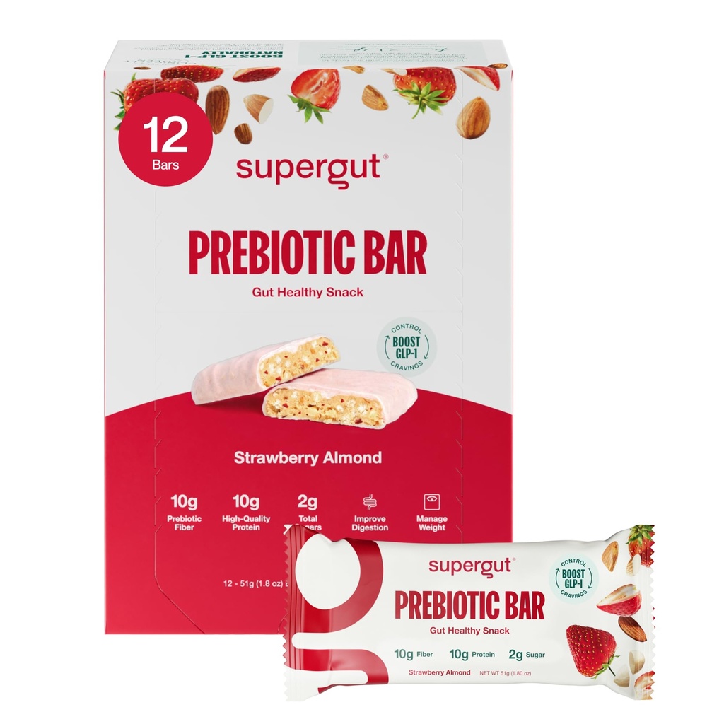 Supergut GLP-1 Boosting Prebiyotik Bars, Strawberry Almond - Gut Sağlıklı Protein Snacks & Kahvaltı Bars - Blu-Friendly Meal Change Energy Bars for Gut Health (12 Count)