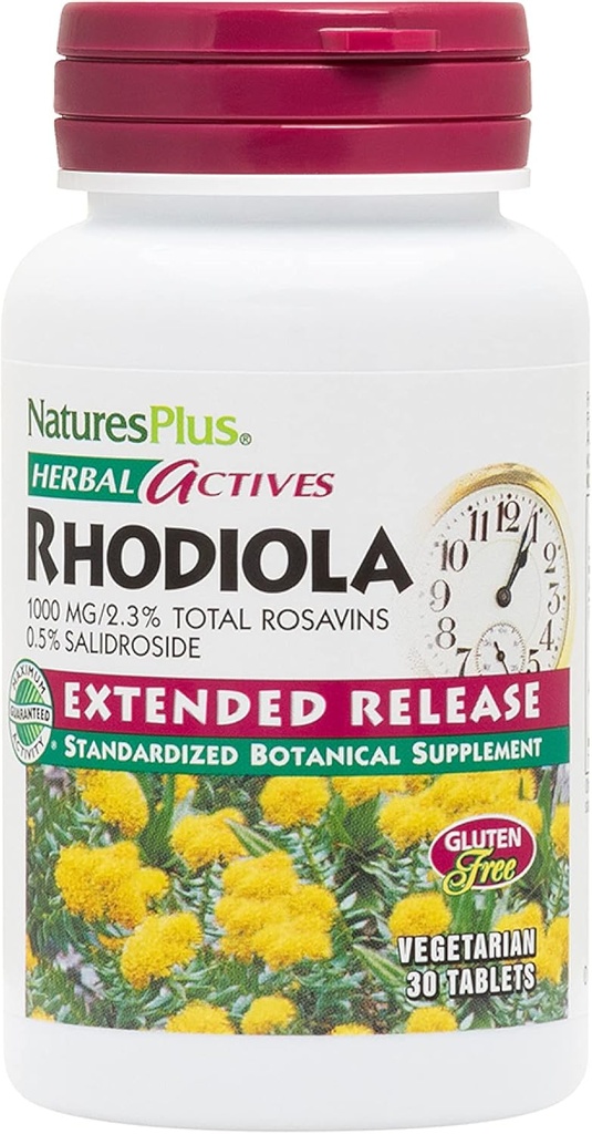 Natures Plus Rhodiola, Extended Release - 1000 mg, 30 Vegan Tablets - Herbal Supplement for Energy, Focus & Stress Relief - Vegetarian, Gluten-Free - 30 Servings