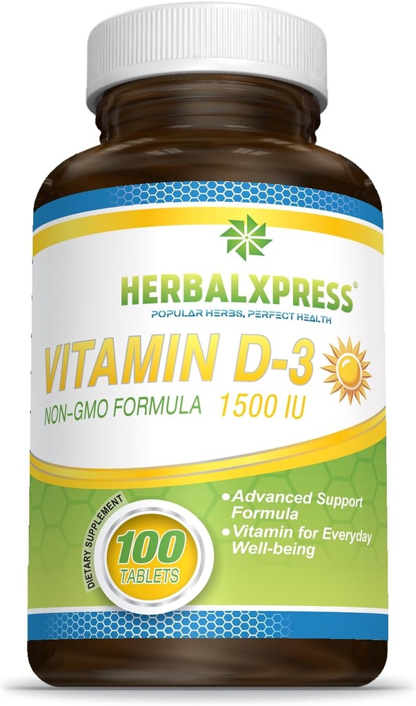 Herbalxpress Vitamin D (parçacık) 1.500 IU (100 Tablet) Sağlıklı Yaşam Tarzı, Kemikler, Dişler, Kaslar, Immune Function, and Well-Being, Non-GMO and Gluten-Free.