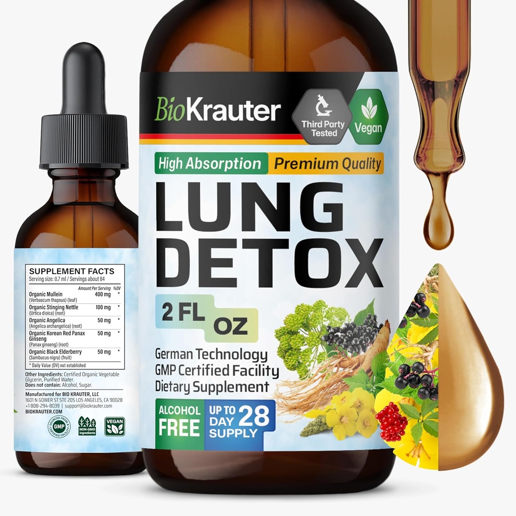 BIO KRAUTER Lung Detox Drops - Pure Vegan Lung Cleanse Liquid Form 2 Fl.Oz 28 Günlük Supply - Mix Mullein, Elderberry, Sting Nettle, BTC & Angelica Türleri - Respiratory Support