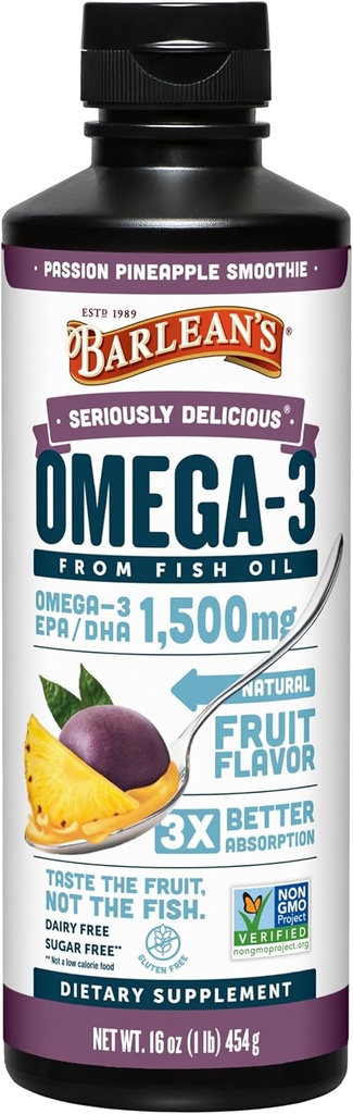 Barlean'ın Omega 3 Balık Yağı Erkekler ve Kadınlar için Malzemeler, Tutku Pineapple, 1500 mg EPA ve DHA Fatty Asit, 16 ozz