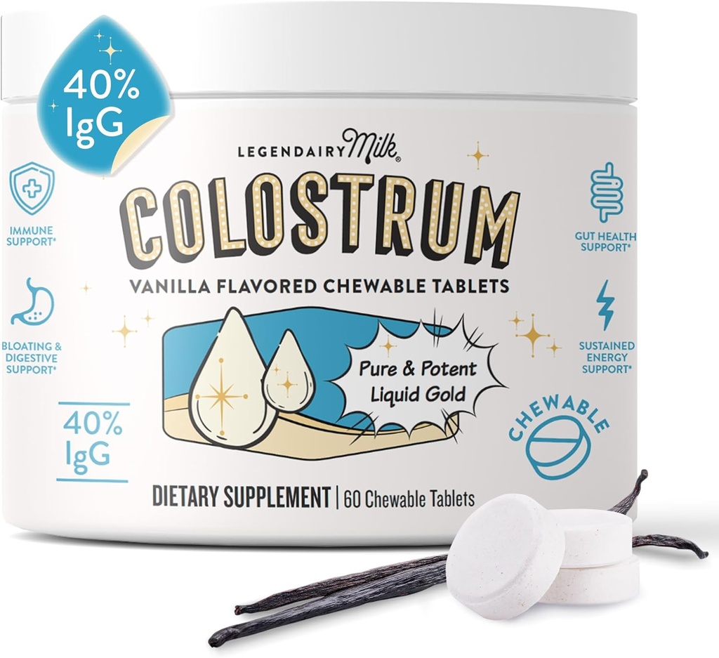 Legendairy Milk Colostrum Supplement - Premium Bovine Colostrum for Humans - 40 IgG Immunoglobulin for Immune Support & Gut Health - Energy & Muscle Recovery - Vanilla Chewable Tabletler, 30 Hizmetler