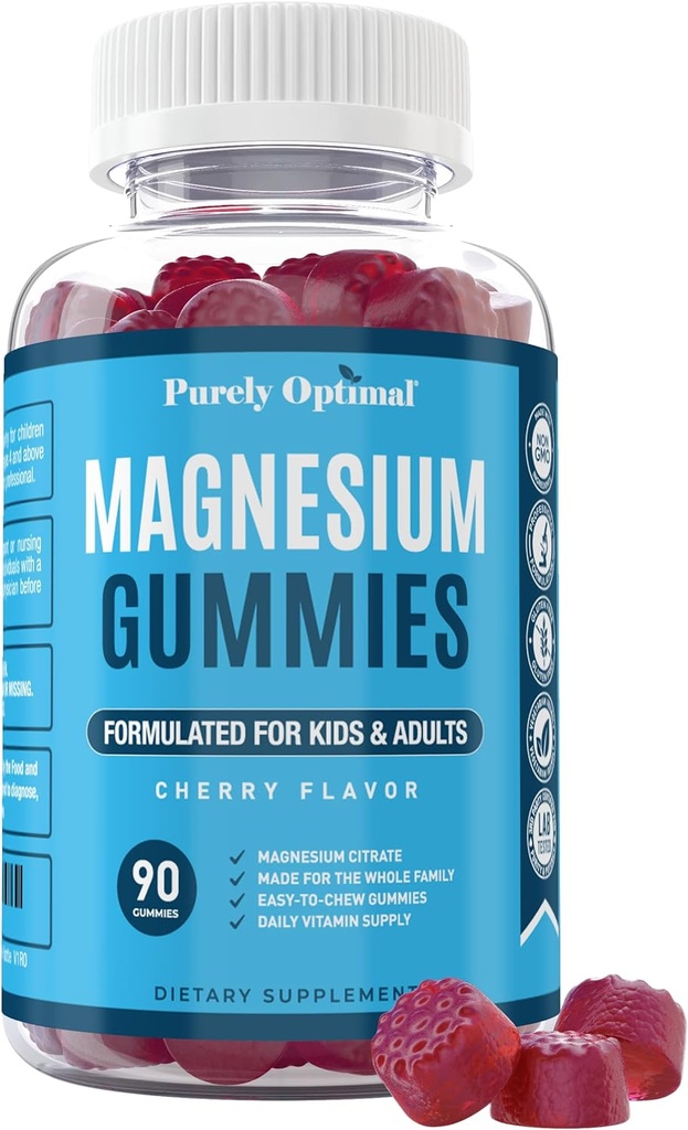 Çocuklar ve Yetişkinler için Tamamen Optimal Magnezyum Citrate Gummies - Delicious Cherry Flavor - Sleep, Calm & Digestive Support, Relaxation, Muscle Health - Chewable Magnezyum, Gluten-Free, Vegan - 90 Gummies