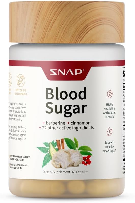 Snap Supplements Blood Sugar Mix with Berberine, CoQ10, Cinnamon, Alfa Lipoic Acid ve Gymnema Sağlıklı Kan Şekeri, Metabolic Health and Energy, Sugar Free, 60 Capsules