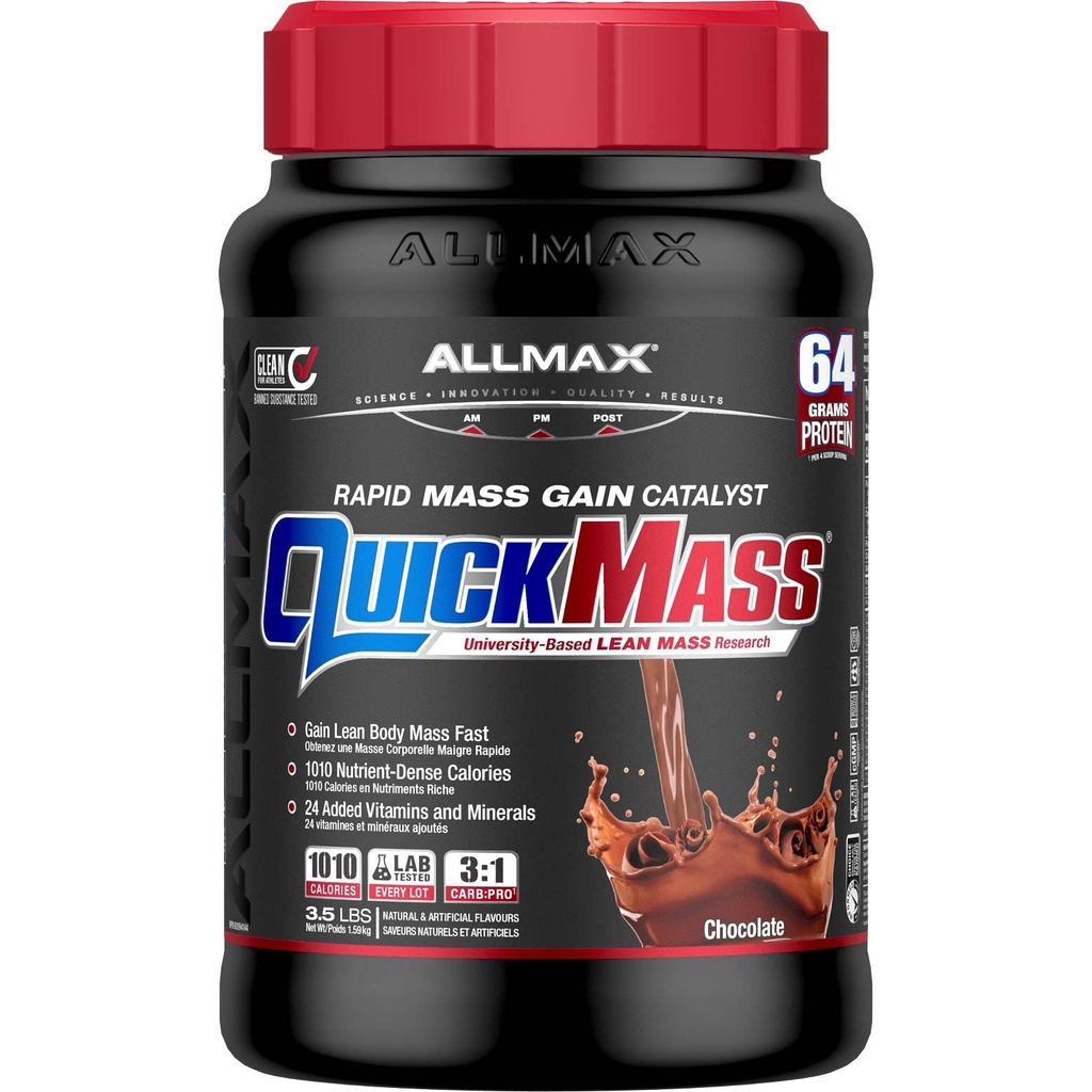 ALLMAX QUICKMASS, Çikolata - 3.5 lb - Hızlı Kitlesel Fizatör - Serviste 64 grama kadar - 3:1 Protein Oranları - Zero Trans Fat - 24'e kadar