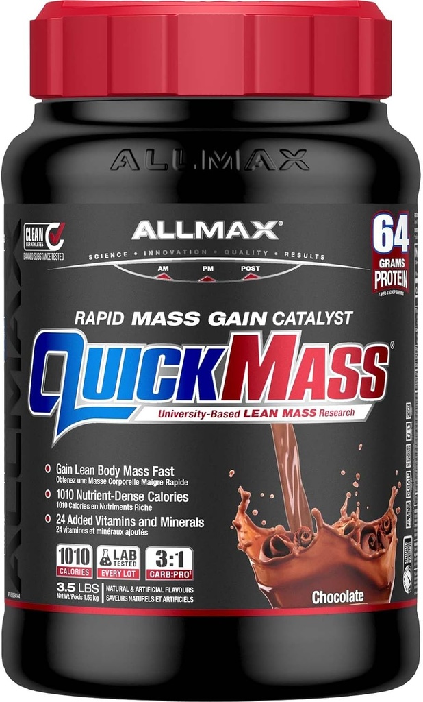 ALLMAX QUICKMASS, Çikolata - 3.5 lb - Hızlı Kitlesel Fizatör - Serviste 64 grama kadar - 3:1 Protein Oranları - Zero Trans Fat - 24'e kadar