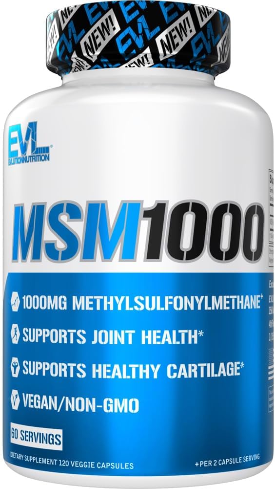Διατροφή Evlution MSM1000-1000 MG Συμπλήρωμα μεθυλοσουλφονυλομεθανίου - Κοινή Υγειονομική Υποστήριξη - Συμπλήρωμα Καρτιού - Vegan + Κάψουλες MSM μη ΓΤΟ - 60 Υπηρεσίες