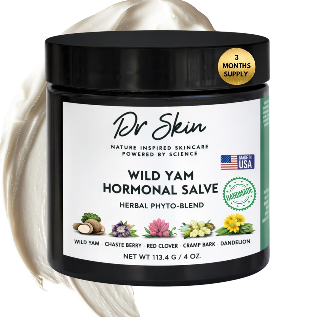 Dr. Skin Wild Yam Cream for Hormon Balance 4oz | 100% Organik Doğal Menopause & Perimenopause Support, Herbal Yam Cream for Women PMS, Hot Flashes, Mood Swings, Night Sweats, Cramps Relief