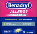 Benadryl Liqui-Gels Alerji ilacı, Dye-Free Liquid Gel Capsules 25 mg of Diphenhydramine HCl Antihtaminist for Relief of Antihamine Like Runny Nose & Sneezing, 24 ct
