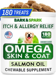 BARK&SPARK Omega 3 για σκύλους - 180 ιχθυέλαια Θεραπείες για σκυλοβόμβα, Αλλεργία του δέρματος μάσημα, Itch Relief, Hot Spots Θεραπεία - Κοινή Υγεία - Skin and Coat Supplement - EPA & DHA λιπαρά οξέα - λάδι σολομού