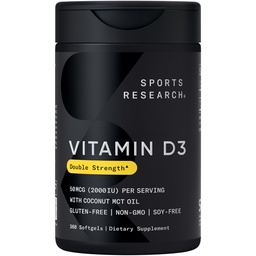 Sports Research Βιταμίνη D3 2000 IU με λάδι καρύδας MCT - Συμπλήρωμα βιταμίνης διπλής αντοχής - Μη ΓΤΟ Επαληθευμένο, χωρίς γλουτένη & σόγια – 50mcg, 360 Liquid Softgels