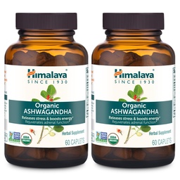 Himalaya Organic Ashwagandha, 120 Day Supply, συμπλήρωμα βοτάνων για ανακούφιση από το στρες, ενεργειακή υποστήριξη, περιστασιακή αϋπνία, USDA Organic, μη ΓΤΟ, Vegan, Gluten Free, 670 mg, 60 Caplets, 2 Pack