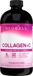 NeoCell Collagen Peptides + Vitamin C Liquid, 4g Collagen Per Serving, Χωρίς γλουτένη, Τύποι 1 & 3, Προάγει το υγιές δέρμα, τα μαλλιά, τα νύχια και την κοινή υποστήριξη, Ρόδι, 16 Oz