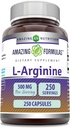 Amazing Formulas L-Arginine Supplement | 500 Mg | 250 Capsules | Amino Asit Supplement for Men & Women | Non-GMO | Gluten Free | Made in USA