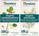 Himalaya Organic Ashwagandha for Energy Support Plus Organic Shatavari for PMS, Menstrual Cramp Relief & Emenopause Support, 60 κάψουλες το καθένα – 2 πακέτα προϊόντων