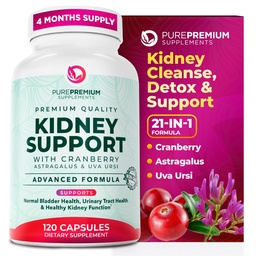 PurePremium Kidney Support Supplement – Kidney Cleanse Detox & Repair with Cranberry Extract & Astragalus - 21-in-1 Complex Supports Normal Bladder, Urinary Tract & Kidneys Health - 120 Day Supply