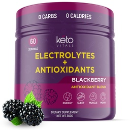 Keto Vitals Antioxidant Electrolytes Powder - Blend Keto Electrolytes με Κάλιο, Μαγνήσιο, Νάτριο, & Ασβέστιο - Όχι Ζάχαρη Ηλεκτρολυτικό Ποτό Mix & Hydration Powder, 60 Σερβιέτες, BlackBerry