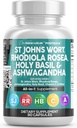 Temiz Nutraceuticals St Johns Wort Rhodiola Rosea Holy Basil Ashwagandha - C & Black Pepper Türleri ile Kadınlar ve Erkekler için Destek - 90 Caps