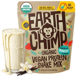 EarthChimp Organic Vegan Protein Powder - με Προβιοτικά - Μη ΓΤΟ, Γαλακτοκομικά Χωρίς, Μη Ορός γάλακτος, Πρωτεΐνες με βάση το φυτό Σκόνη για γυναίκες και άνδρες, Χωρίς γλουτένη - 26 Μερίδες 32 Oz (Vanilla) No Scoop