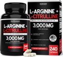 L Arginine L Citrulline Supplement 3000 mg (240 Capsules) Erkekler için Nitrik Çimento Pills - Stamina, Endurance, Workouts için Performans - Erkekler için NO Supplements - Gluten Free, Non-GMO, Vegan Capsules
