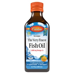 Carlson - The Very Finest Fish Oil, 1600 mg Omega-3s, Liquid Fish Oil Supplement, Norwegian Fish Oil, Wild-Caught, Sustainablely Soured Fish Oil Liquid, Orange, 6.7 Fl Oz