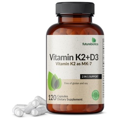 Μελλοντικά αντιβιοτικά Βιταμίνη K2 (MK7) με συμπλήρωμα D3 - Μη ΓΤΟ Φόρμουλα - 5000 IU Βιταμίνη D3 & 90 mcg Βιταμίνη K2 MK-7, 120 κάψουλες χορτοφάγων