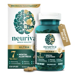 NEURIVA Ultra Decaffeinated Clinically Tested Nootropic Brain Supplement for Mental Alertness, Memory, Focus & Concentration, Cognivive, Neurofactor, Phosphatidylserine, Vitamins B6 B12, 60 Κάψουλες