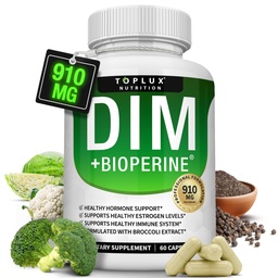 Dim Supplement 910 mg Plus BioPerine Complex - Diindolylmethane για την υποστήριξη της ισορροπίας ορμονών και οιστρογόνων Μεταβολισμός, Βοηθά με την εμμηνόπαυση Ακμή PCOS Better Skin Bodybuilding, για άνδρες γυναίκες, 60 κάψουλες
