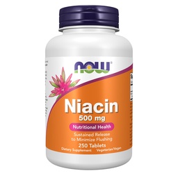 NOW Συμπληρώματα Τροφίμων, Νιασίνη (Vitamin B-3) 500 mg, Παρατεταμένη κυκλοφορία, Διατροφική υγεία, 250 δισκία