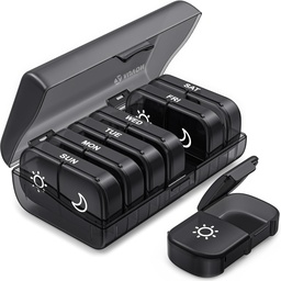AUVON XL Weekly Pill Organizer 2 φορές την ημέρα, κουτί χαπιών 7 ημέρα με μία πλευρά μεγάλα ανοίγματα για εύκολη χρήση, μαύρο Privacy Protection AM PM υπόθεση χαπιών για φαρμακευτική αγωγή, βιταμίνες, ιχθυέλαια, συμπληρώματα