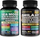 Shilajit and Sea Moss Combo - Sea Moss and Shilajit Bundle with Ashwagandha, Black Seed, Turmeric, Bladderwrack, Burdock, Black Pepper with Vitamins and Antioxidants - 120 Κάψουλες Veggie
