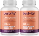 BESTVITE L-Φαινυλαλανίνη 500mg (240 κάψουλες χορτοφάγων) (2-πακέτο) - Όχι Stearates - Vegan - Χωρίς γλουτένη - Μη ΓΤΟ