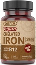 Deva Nutrition Vegan Chelated Iron 29 mg Ενισχυμένος με B-12 - Υψηλή Ικανότητα, Εύκολο στην Κατάποση - 90 δισκία, 1- Pack