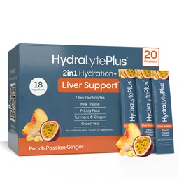 Hydralyte Liver Support + Electrolyte Mix with Milk Thittle, Turmeric, Ginger, Prickly Pear, Green Tea Extract Formed for Rapid Rehydration (Peach Passion Ginger, 20 πακέτα)
