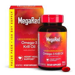 MegaRed - Omega-3 Krill Oil 350mg Softgels (130 Count in A Bottle), EPA & DHA Ωμέγα-3 Λιπαρά Οξέα με καμία ψαρική επίγευση Σε αντίθεση με το ιχθυέλαιο, Περιέχει Αντιοξειδωτική Ασταξανθίνη
