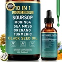 10-in-1 Soursop Bitters Liquid Drops for Gut Cleanse & Immune Boost & Detox with Sea Moss, Moringa, Black Seed Oil, Turmeric, Ashwagandha, VC,VD - 2 Fl Oz - Non-GMO, Vegan