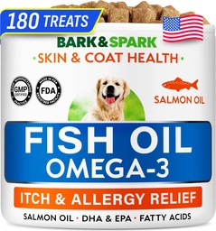BARK&SPARK Ωμέγα 3 για σκύλους - 180 Fish Oil Treats for Dog Shedding, Skin Allergy, Itch Relief, Hot Spots Θεραπεία - Κοινή Υγεία - Skin and Coat Supplement - EPA & DHA Λιπαρά Οξέα - Λάδι σολομού κυνικός
