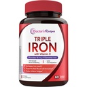 Doctor's Recipes Iron Supplement for Women & Men, 65mg from Ferrous Bisglycinate Sulfate Carbonyl Iron, Non-Constipating, Vitamin C for Optimal Absorption, Energy, Blood Support, 60 Tabs