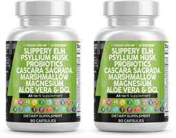 Clean Nutraceuticals Slippery Elm Psyllium Husk Pre Probiotic Digestive Gut Health Supplement with Aloe Vera Cascara Sagrada Marshmallow Root DGL Licorice Senna Extract (Pack of 2)