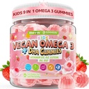 Kids Omega 3 DHA Gummies, w/Vitamins D3 K2 C, B6, Methyl B12, Luetin & PS, No Fish Burps, No Sugar, Brain, Eye & Immune Support, Plant-Based Omega-3 from Algae, Vegan DHA for Toddlers, Children, 60Cts