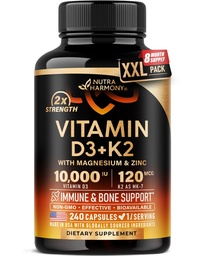 Vitamin D3 K2 - Vitamin D3 10000 iu & K2 as MK-7 120 mcg - Immune & Mood Support, for Bone & Teeth Health - with Magnesium, Zinc & Vitamin C & B12 - Highly Bioavailable - Gluten Free, 240 Capsules