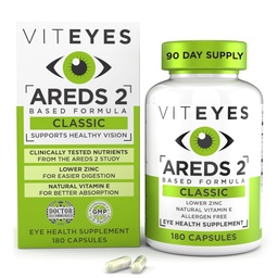Viteyes AREDS 2 Βιταμίνες ματιών, Κλασσική Macular Υποστήριξη, αλλεργιογόνο δωρεάν κάψουλες, με φυσική βιταμίνη Ε, βιταμίνη C, ψευδάργυρος, χαλκός, λουτεΐνη & ζεαξανθίνη, οφθαλμίατρος Εμπιστευμένη, Κατασκευάζεται στις ΗΠΑ, 180 Ct